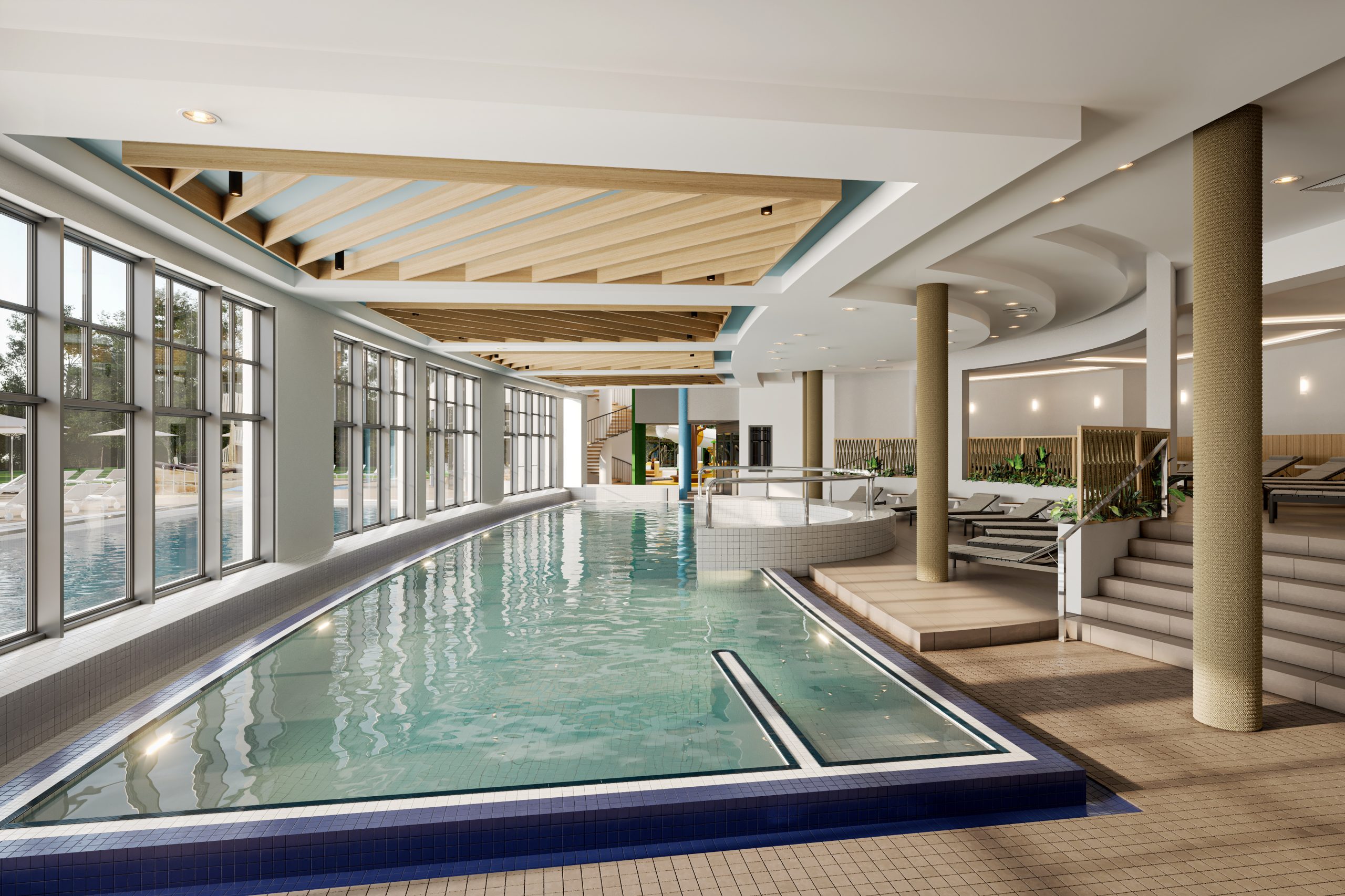 3D Visualisierung des Projekts Fleesensee von StudioFeldmann, 3D Visualiserungen aus Berlin. Ein Schwimmbad.